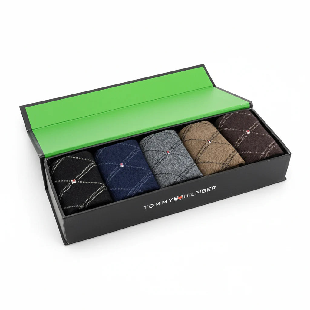 "Men’s 5-Pair T H Crew Socks  design – Comfortable, Durable, and Stylish gift box"