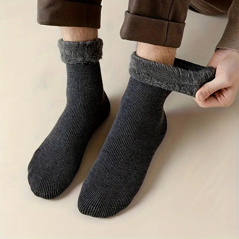 4 Pairs Men's Thickened Fleece Lined Thermal Socks - Knit Polyester Warm Mid-Calf Winter Socks with Solid Color Design - 70% Polyester, 30% Cotton Blend, Hand Wash Only