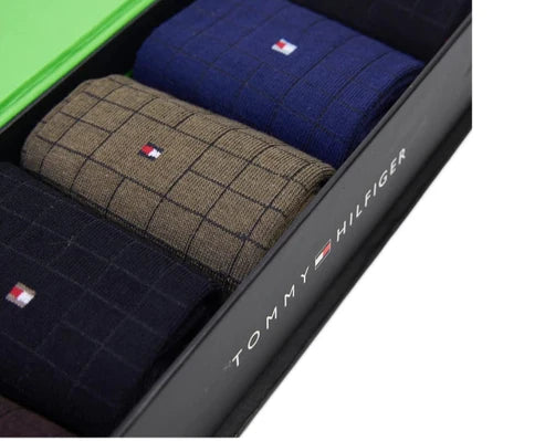 "Men’s 5-Pair TOMMY HILFIGURE Crew Socks cheq design  – Comfortable, Durable, and Stylish gift box"