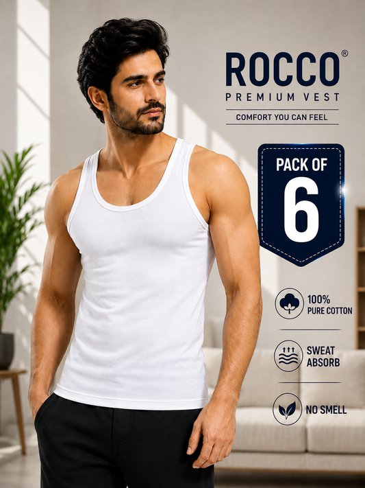 Men’s Sleeveless  Vests (Pack of 6) | Breathable & Comfortable Undershirts"