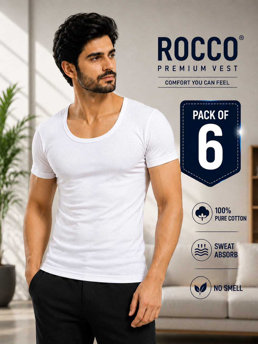 Men’s Half Sleeve Cotton Vests (Pack of 6) | Breathable & Comfortable Undershirts"