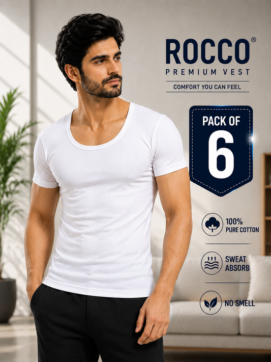 Men’s Half Sleeve Cotton Vests (Pack of 6) | Breathable & Comfortable Undershirts"