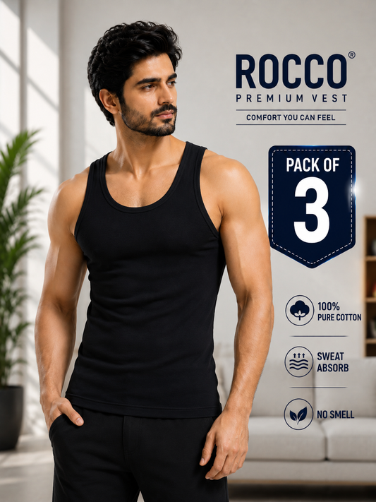 Men’s Sleeveless Black Vests (Pack of 3) | Breathable & Comfortable Undershirts"