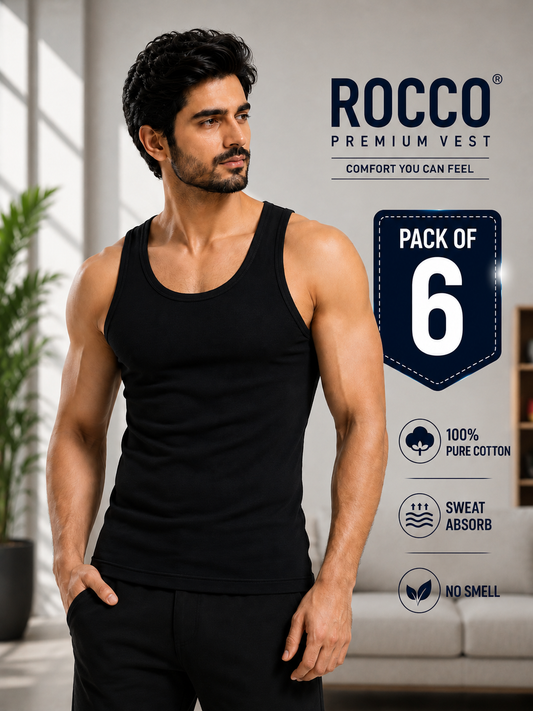 Men’s Sleeveless Black Vests (Pack of 6) | Breathable & Comfortable Undershirts"