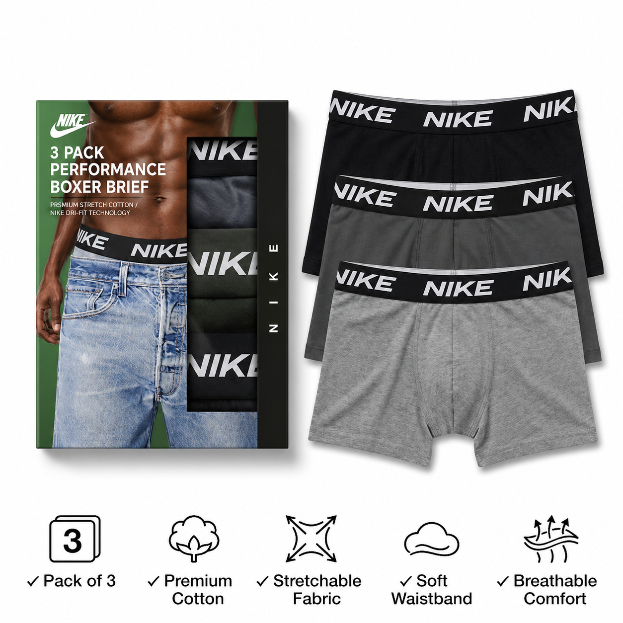 Top-Quality Men’s N K Boxer (Pack of 3) – , Comfortable,  Durable Underwear"