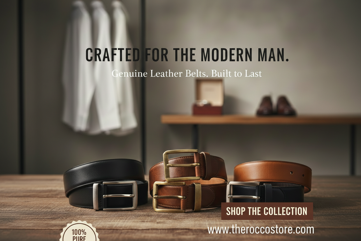 Three leather belts displayed on a wooden surface with text about genuine leather belts.